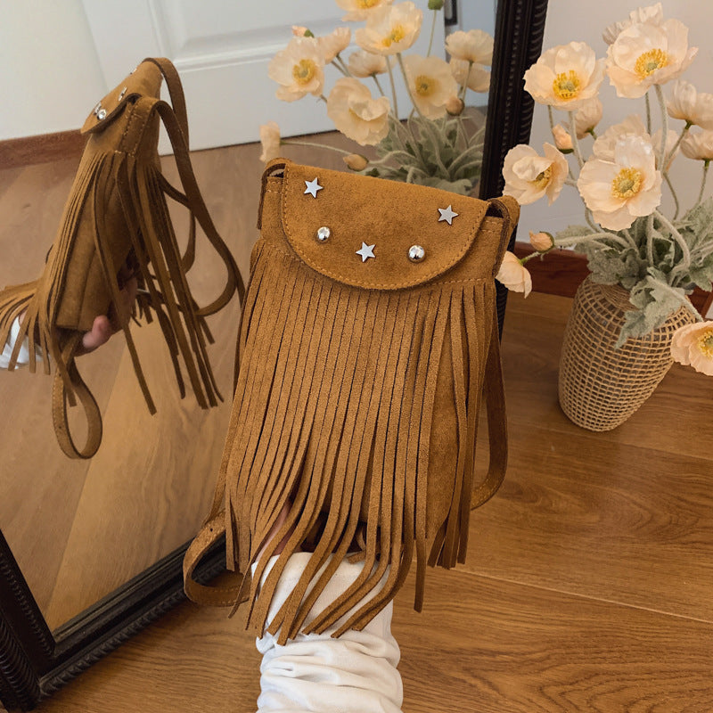 Suede Fringe Crossbody Bag with Star Studs