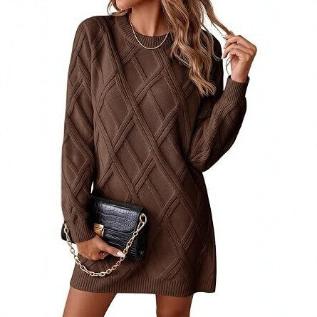2026 European and American-Style Diamond-Pattern Knit Dress for Women—New Fall/Winter Collection: Loose-Fitting Long-Sleeve Sweater Dress, Fashionable Short Dress
