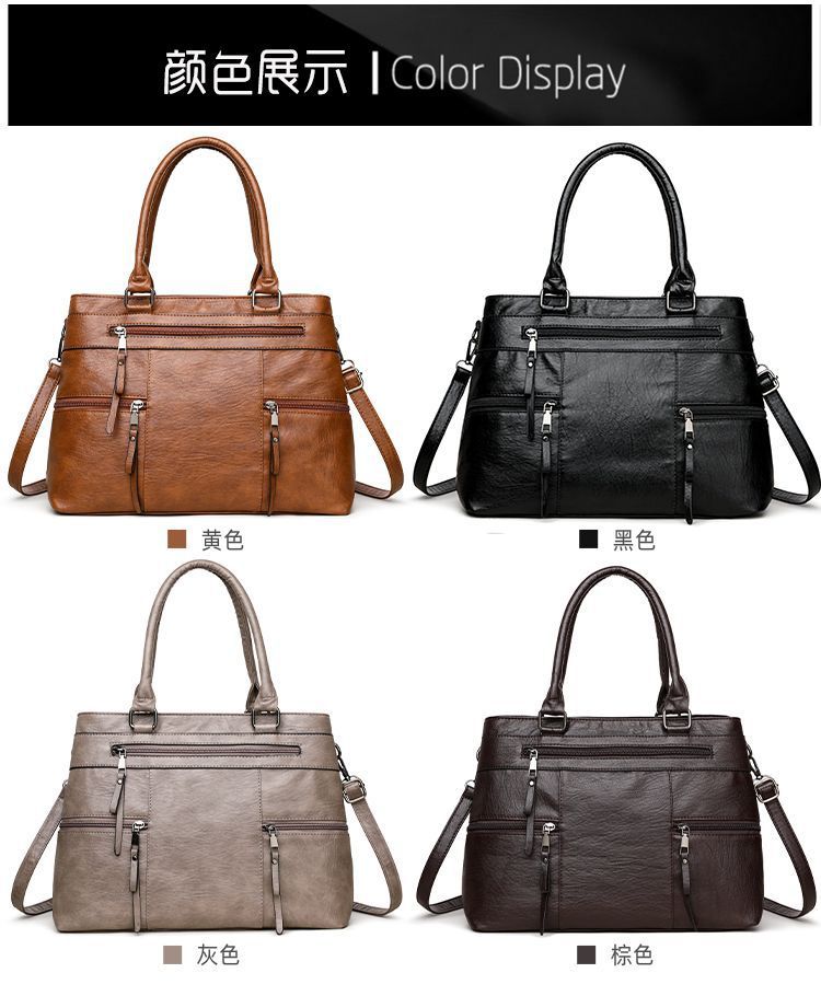 Large Vegan Leather Multi-Pocket Top Handle Satchel Bag