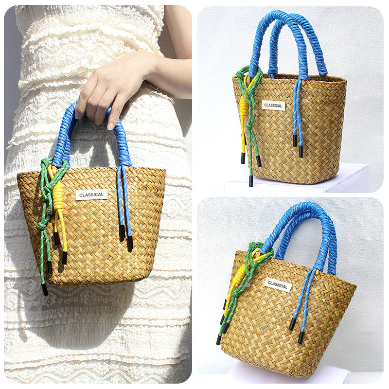 Handmade Colorful Straw Woven Beach Basket Bag