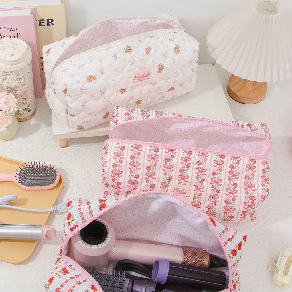 Vertical Stripe Red Strawberry Cotton Cosmetic Bag