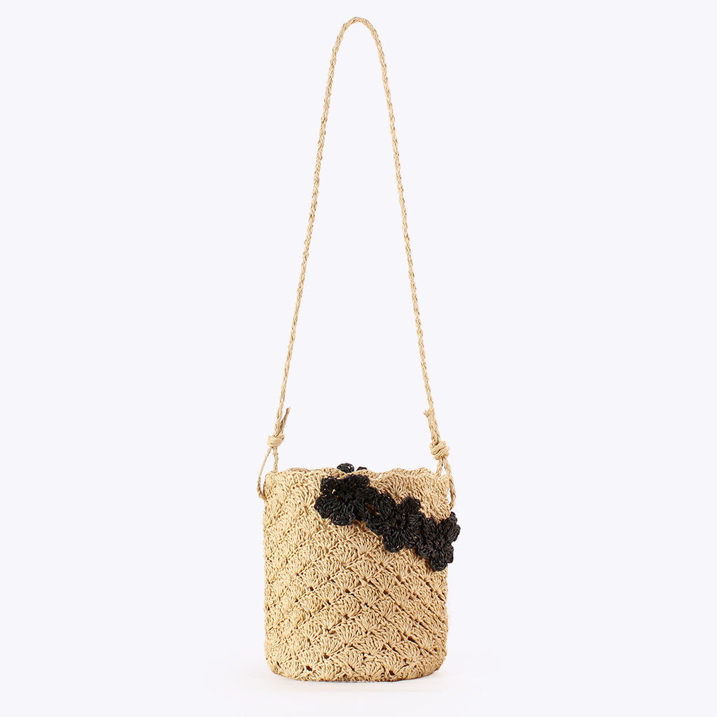 Crochet Floral Bucket Woven Paper Crossbody Bag