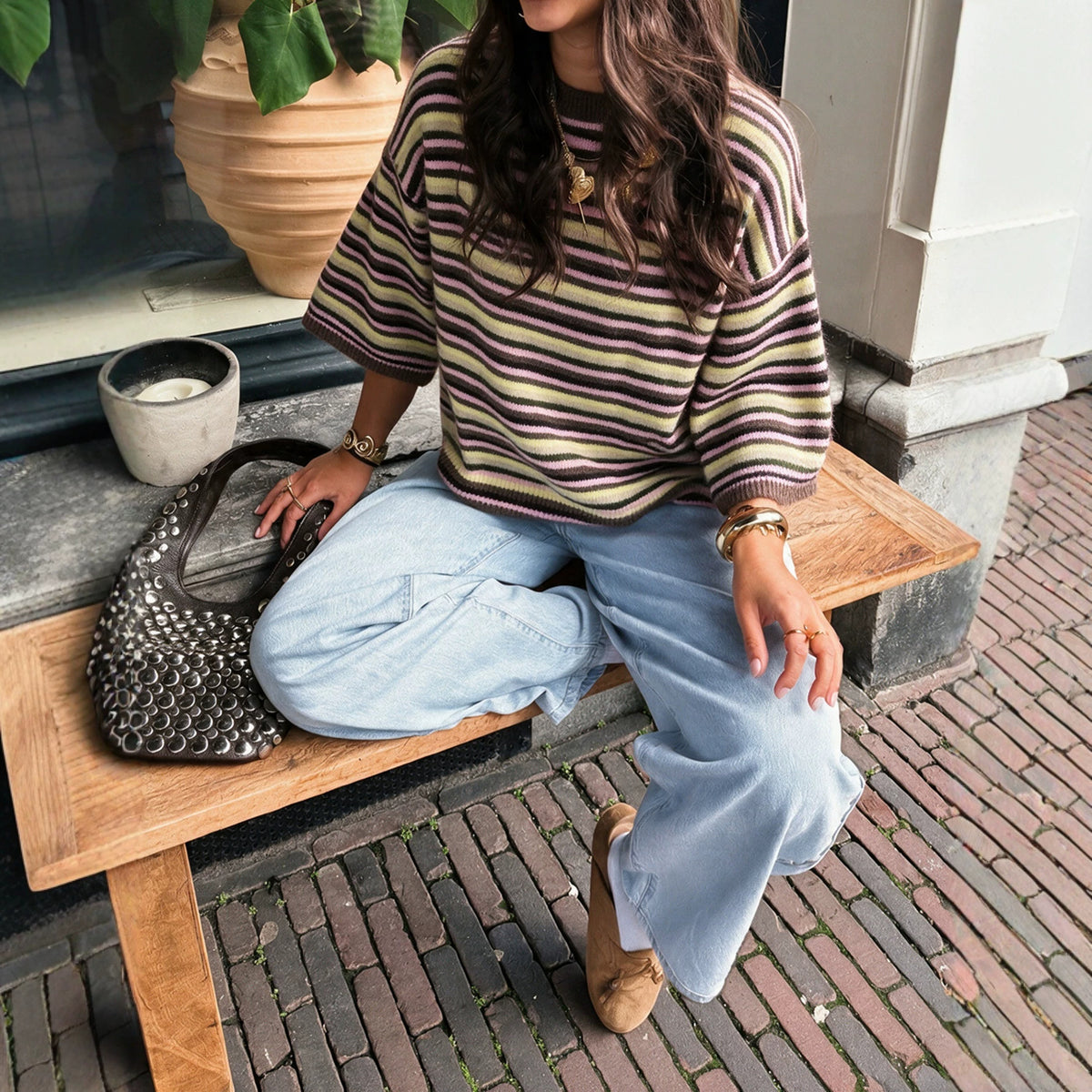 European and American Retro Color-Blocked Striped Knit Top for Women: Loose-Fit, Drop-Shoulder, Round-Neck Pullover—Casual Fall Women's Apparel