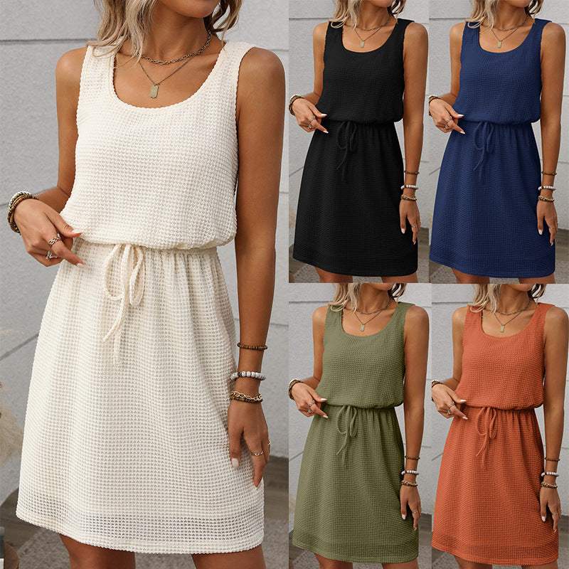 Square Neck Drawstring Sleeveless Vest Dress With Lining