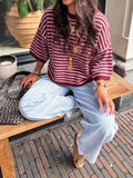 European and American Retro Color-Blocked Striped Knit Top for Women: Loose-Fit, Drop-Shoulder, Round-Neck Pullover—Casual Fall Women's Apparel