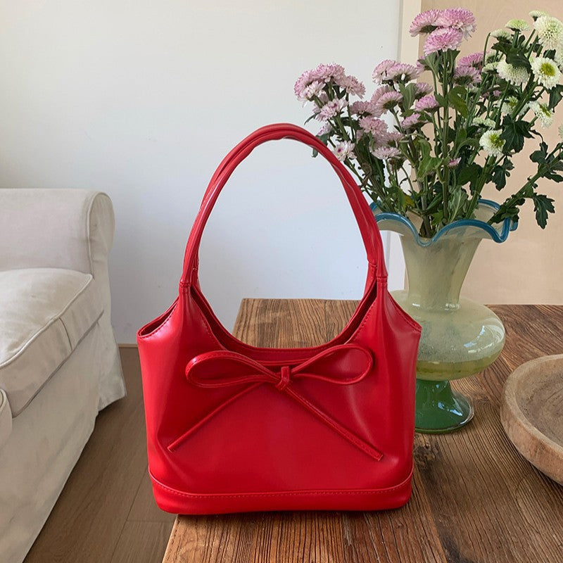 Women Retro Red Bow Large Capacity Shoulder Tote Bag