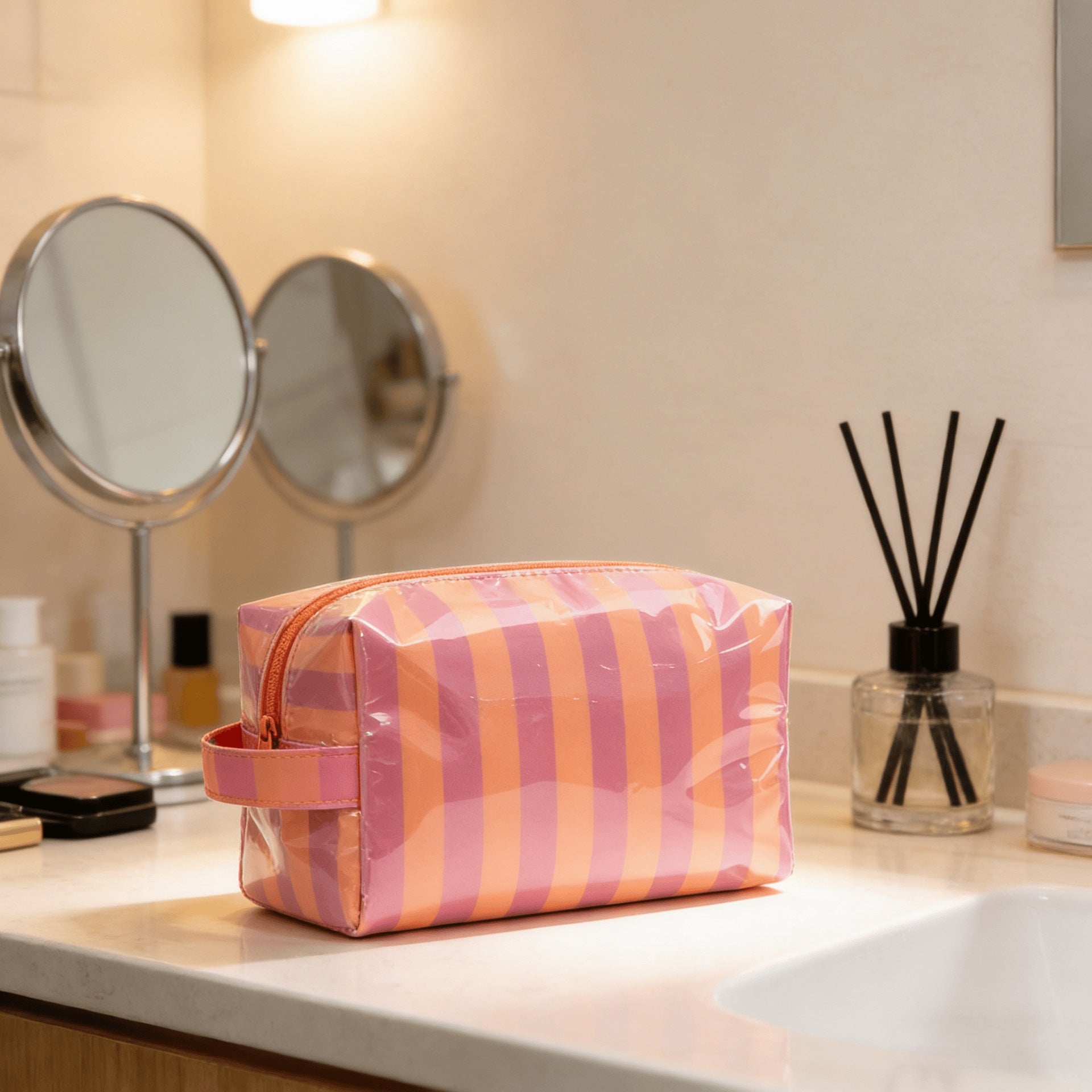 Large-Capacity Striped Travel Cosmetic Bag