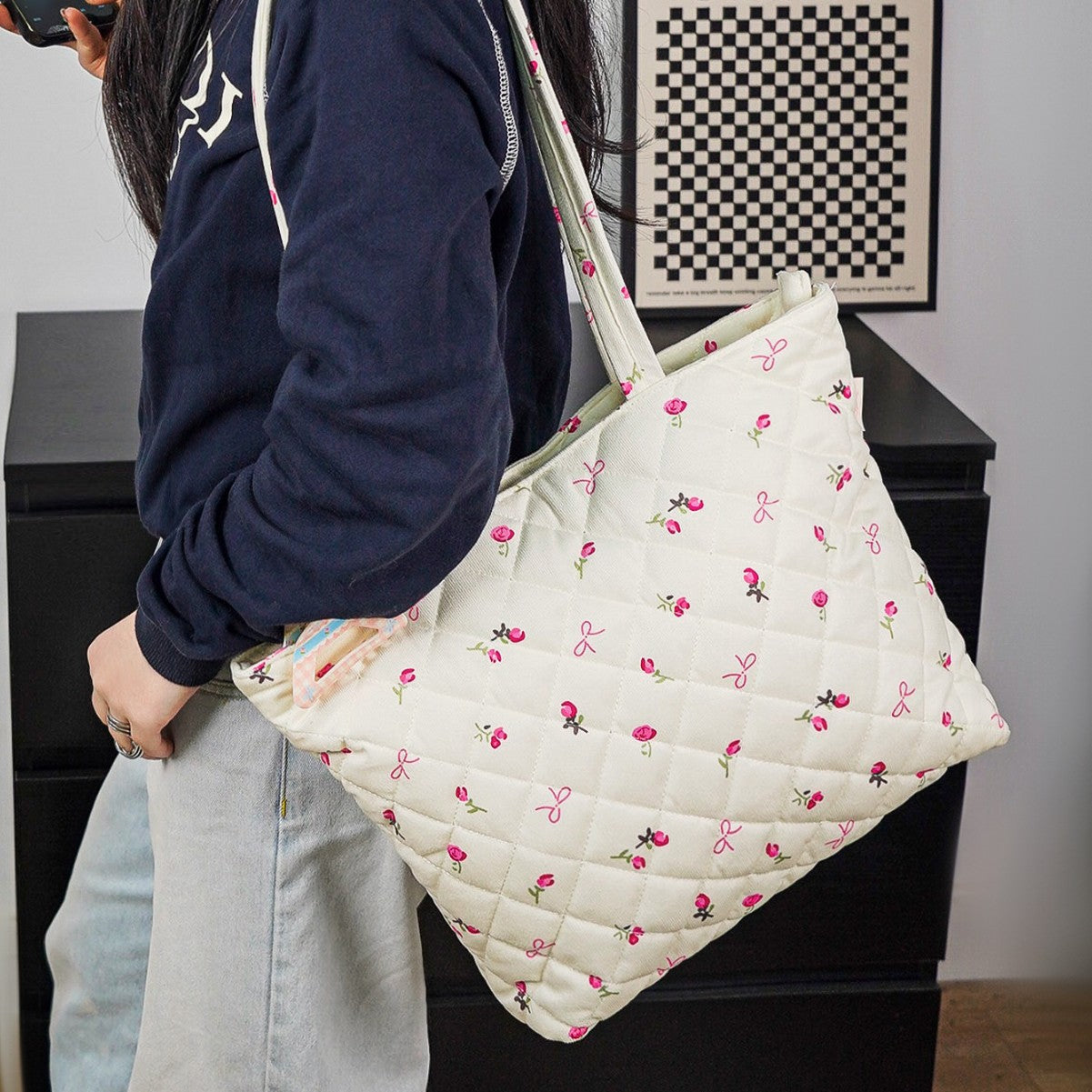 Quilted Cotton Flower Lipstick Tote Bag