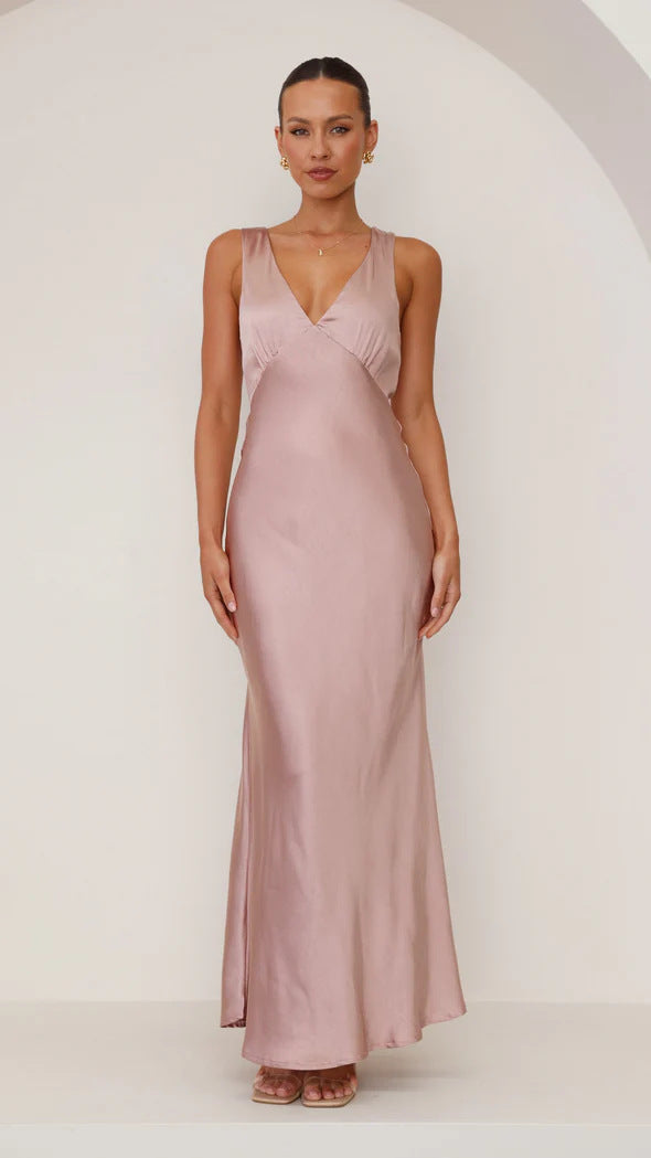 Solid Color V-Neck Slim Sexy Evening Dress