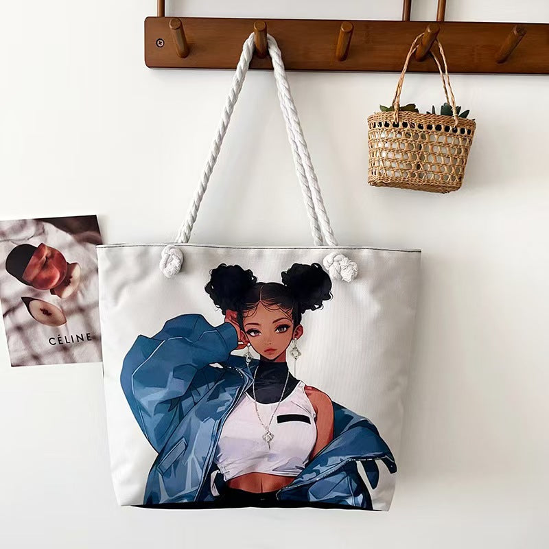 High-End Ethnic Canvas Hemp Rope Armpit Tote