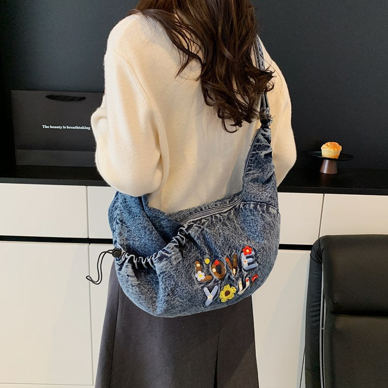 Denim Letter Shoulder Crossbody Large Capacity Tote Bag
