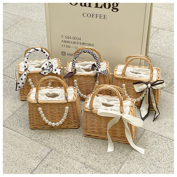 Handwoven Rattan Straw Pearl Beach Bag