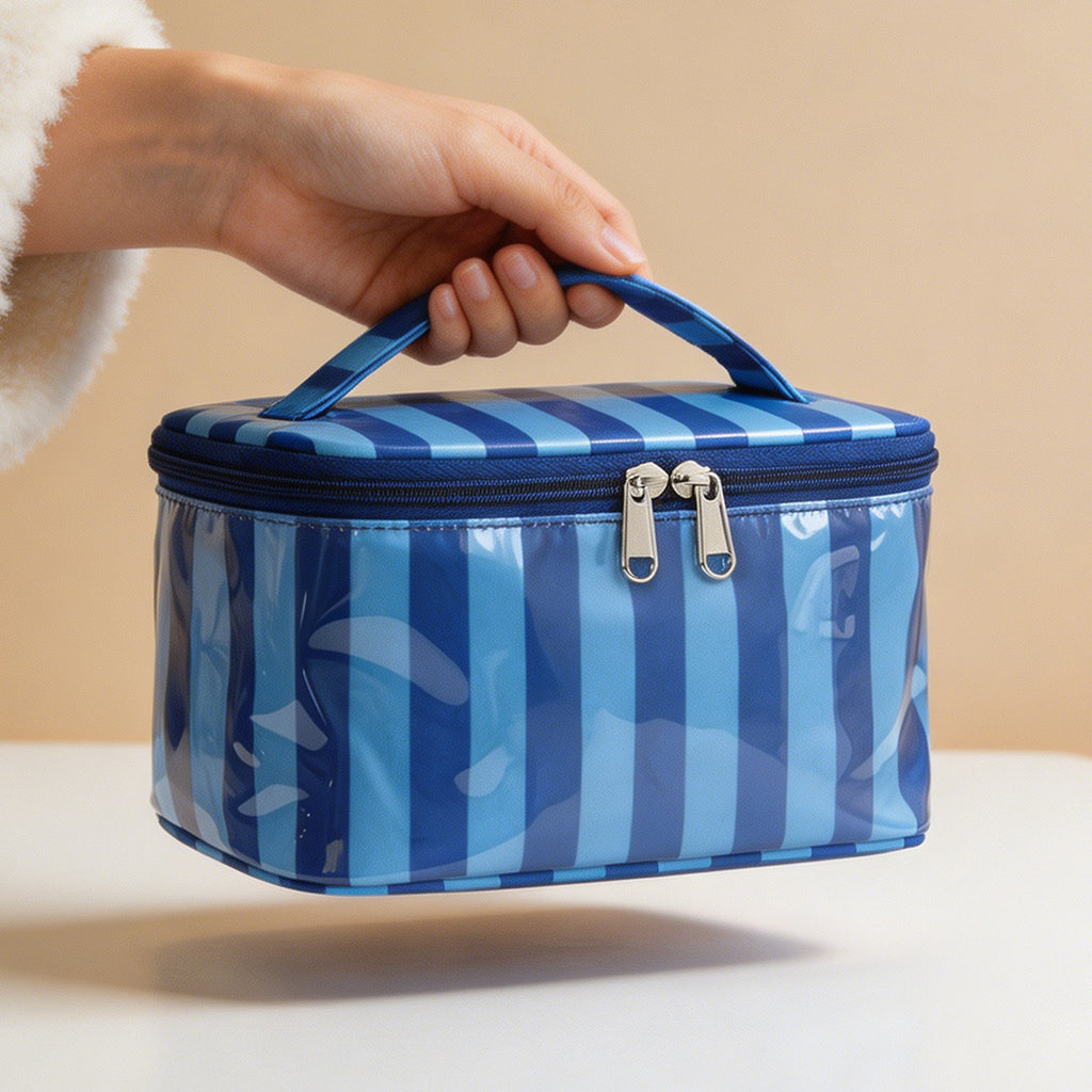 Contrast Stripe Cosmetic Bag Large Capacity Portable Toiletry Bag Waterproof Pvc Travel Storage Bag Large Capacity Cosmetic Bag
