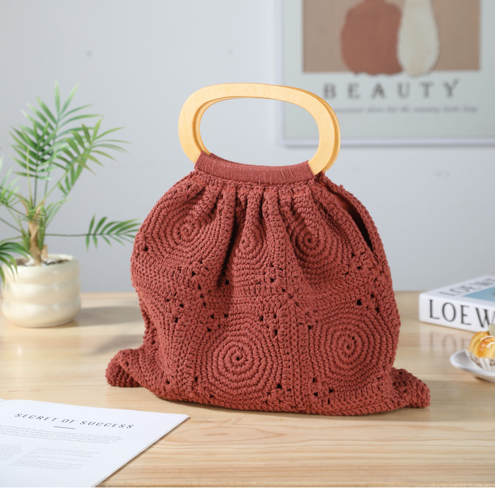 Boho Handwoven Crochet Tote Bag Handle Summer Purse