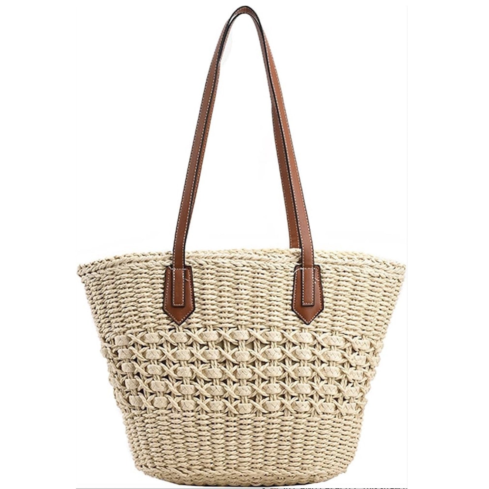 Large Capacity Flat Woven Straw Beach Basket