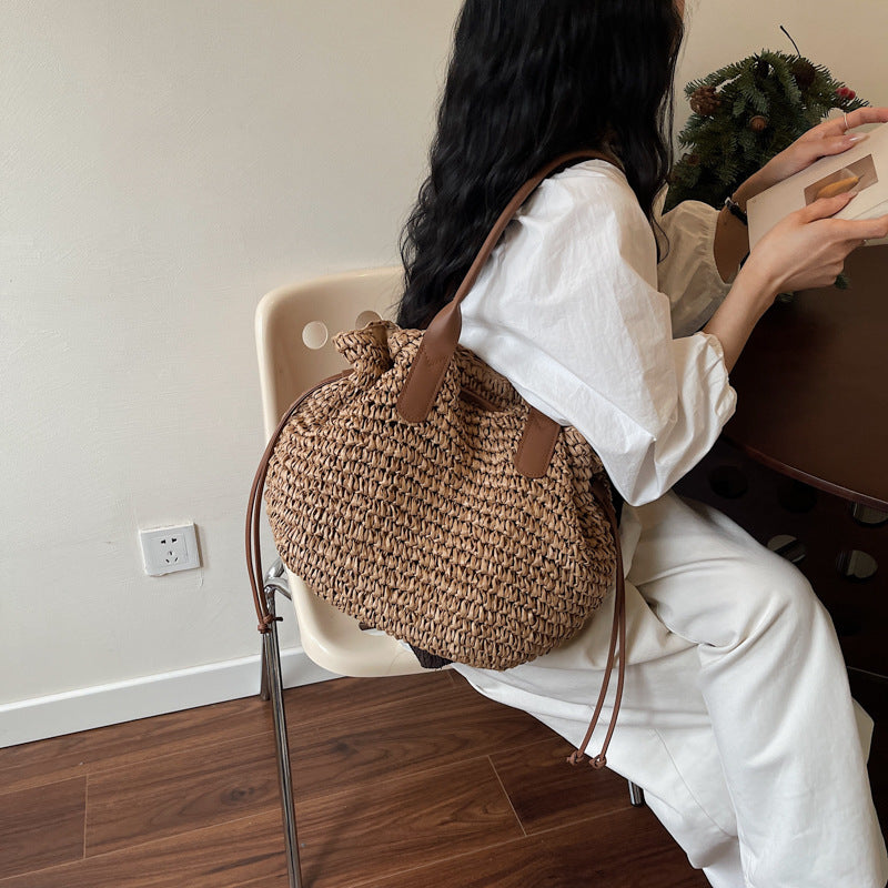 Women 2026 New Shoulder Straw Large Handmade Woven Beach Daily Bag