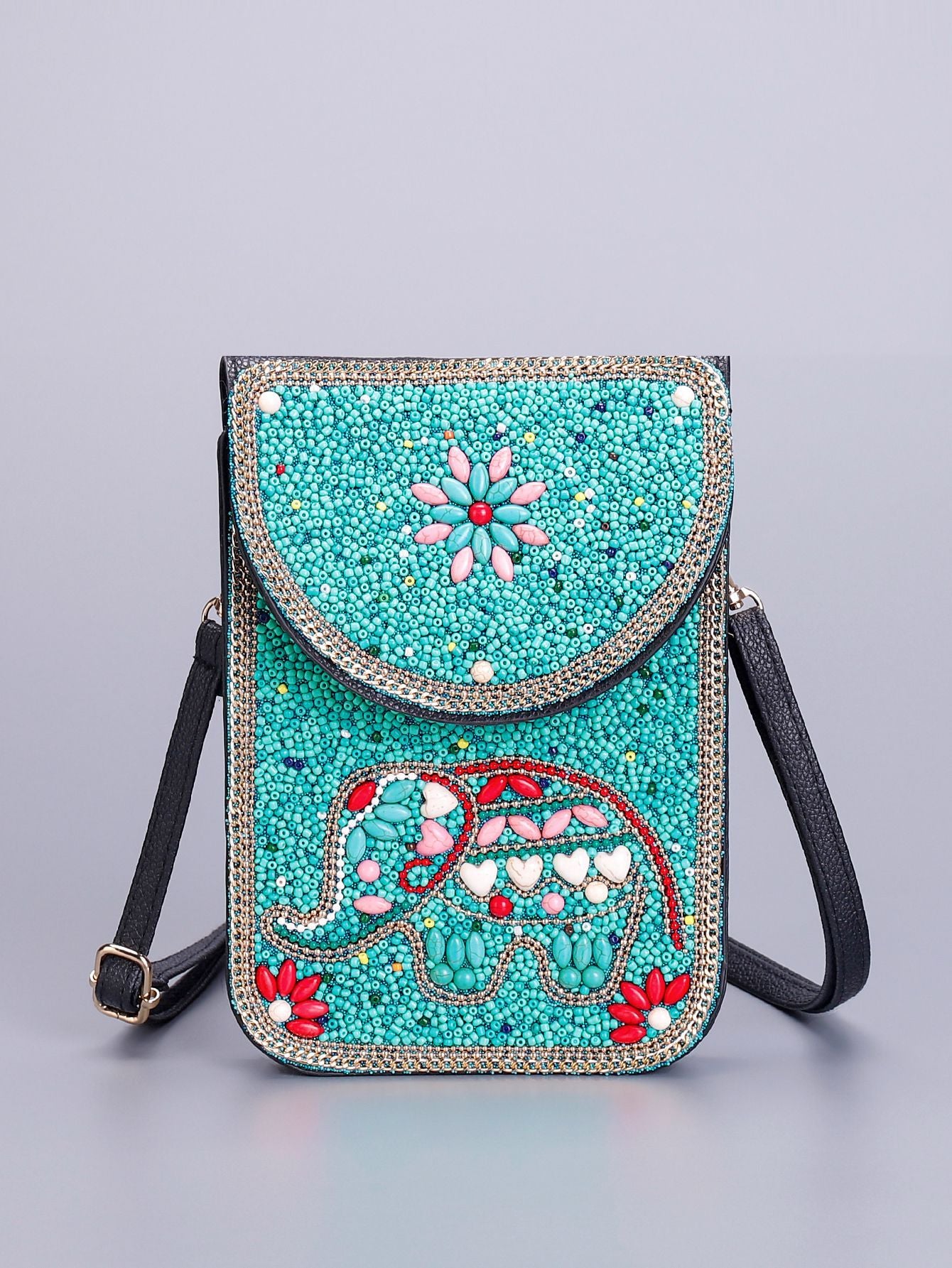 Women Ethnic Style Beaded Crossbody Bag, Handmade Turquoise Red Phone Bag