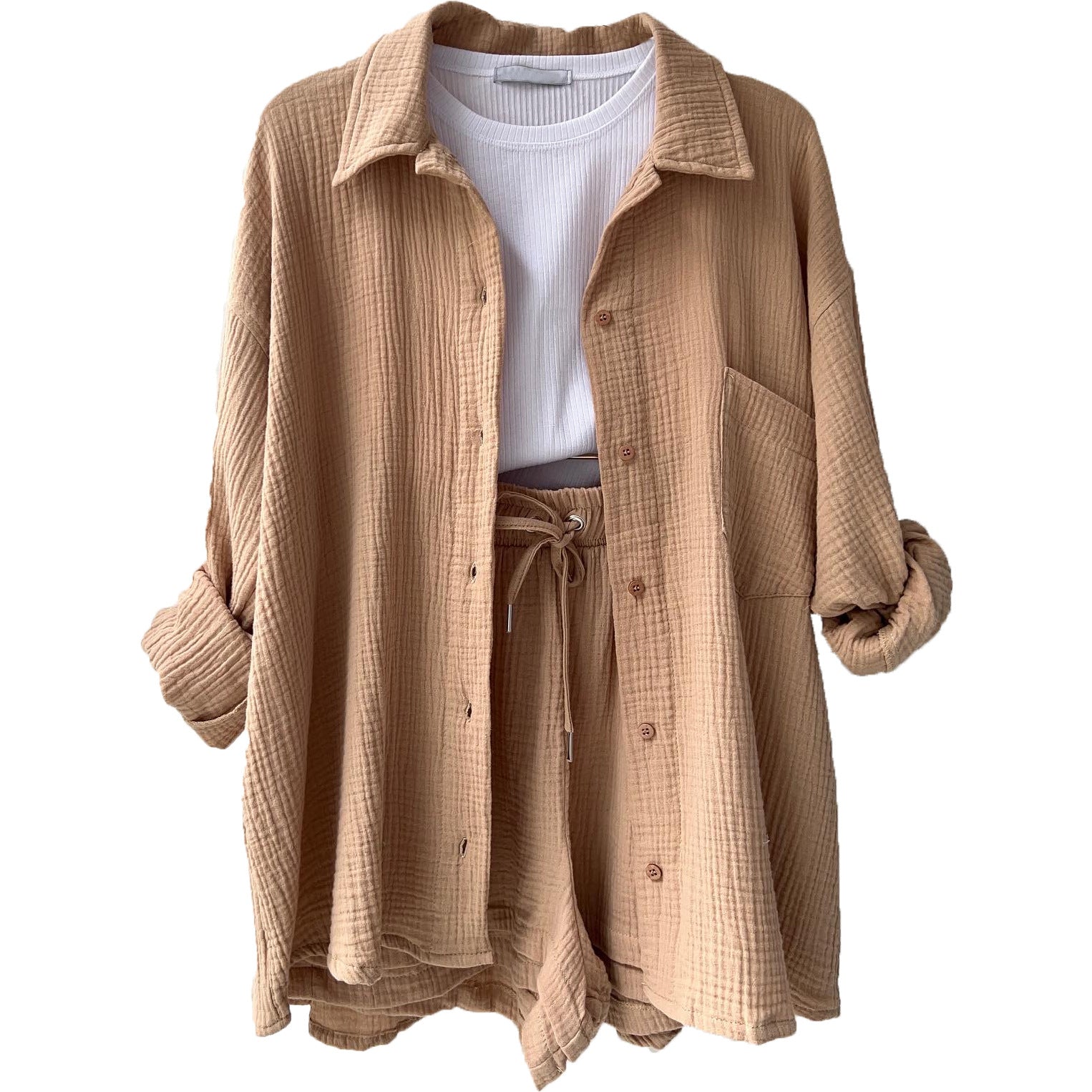European And American Clothing Two-Piece Set Wrinkled Lapel Long-Sleeved Shirt High-Waisted Drawstring Shorts Large Size Fashion Casual Suit
