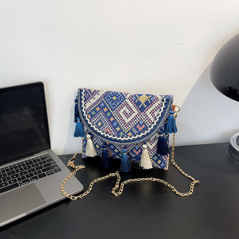 Retro Ethnic Chain Woven Canvas Shoulder Bag