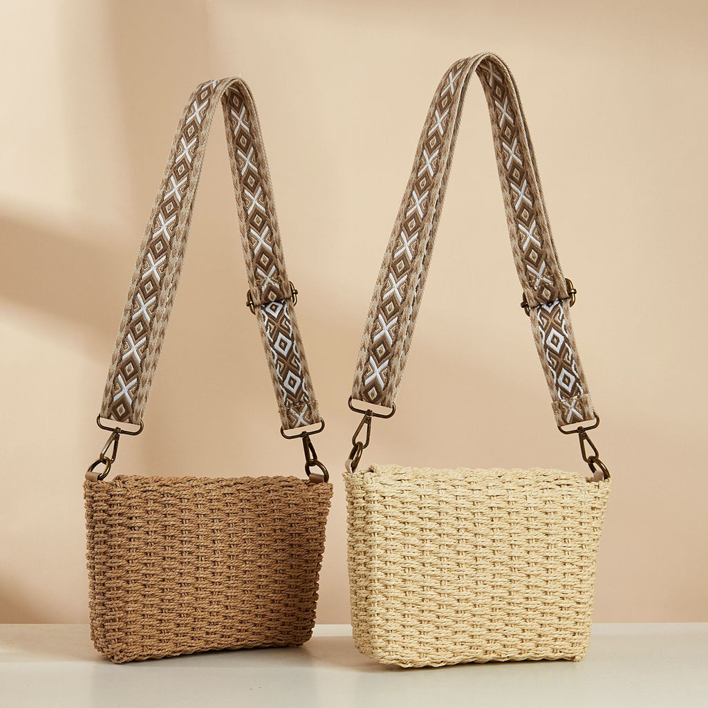 Printed Webbing Straw Flip Hand Beach Bag