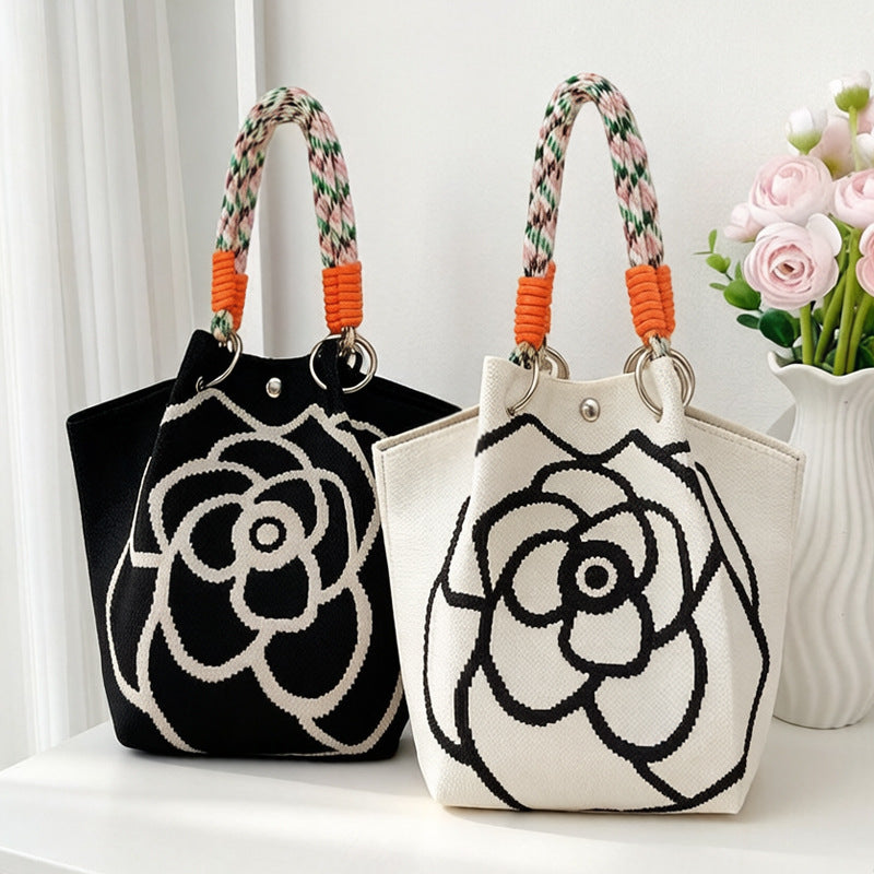Elegant Floral Print Braided Handle Mini Bucket Handbag