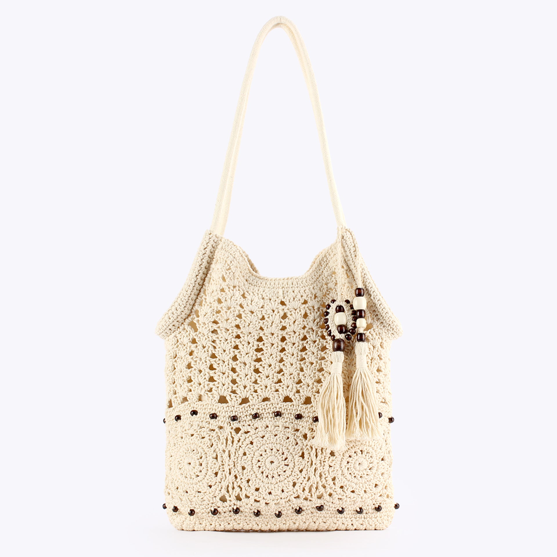 Boho Hand Crocheted Cotton Shoulder Tote with Beaded Tassel