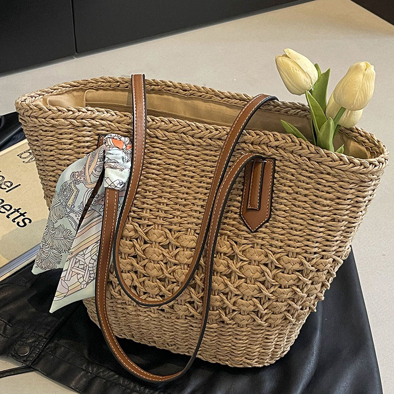 Women 2026 New Large Woven Beach Straw Shoulder Tote Bag