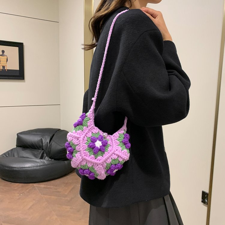 Women Hand Crocheted Granny Square Floral Shoulder Crossbody Bag