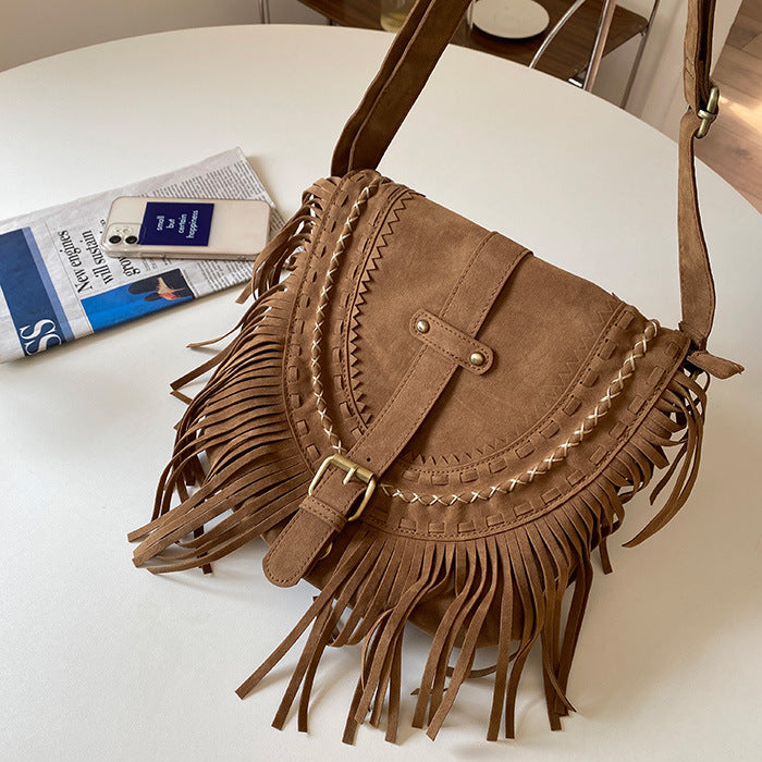 Women's Western Imitation Suede Tassel Retro Saddle Crossbody Bag