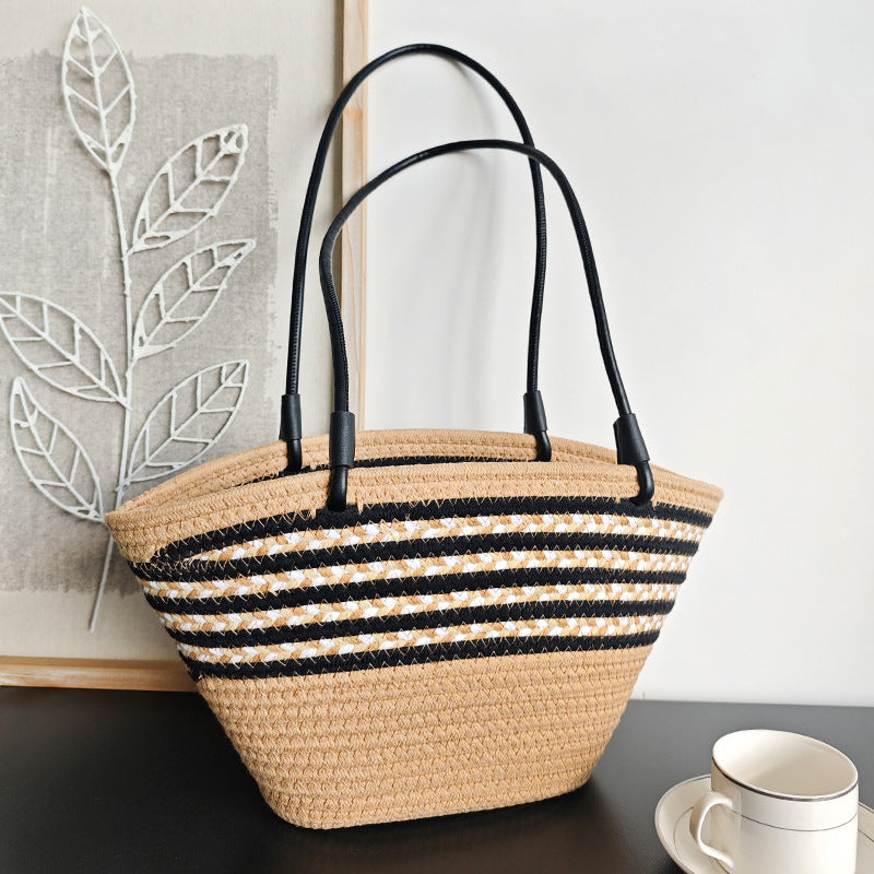 Braided Cotton Rope Color Block Striped Beach Tote