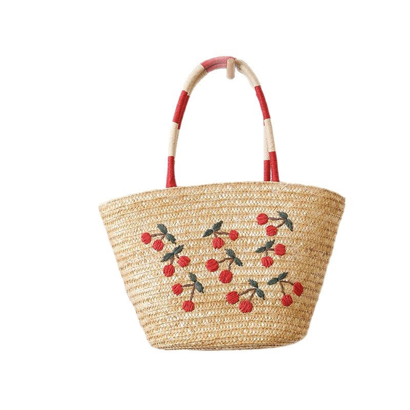 Unique Embroidered Cherry Shoulder Straw New Large Beach Bag