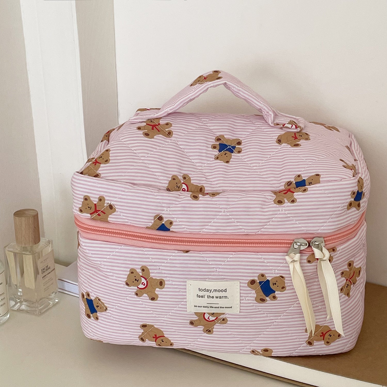 Striped Bear Large Capacity Quilted Cosmetic Bag
