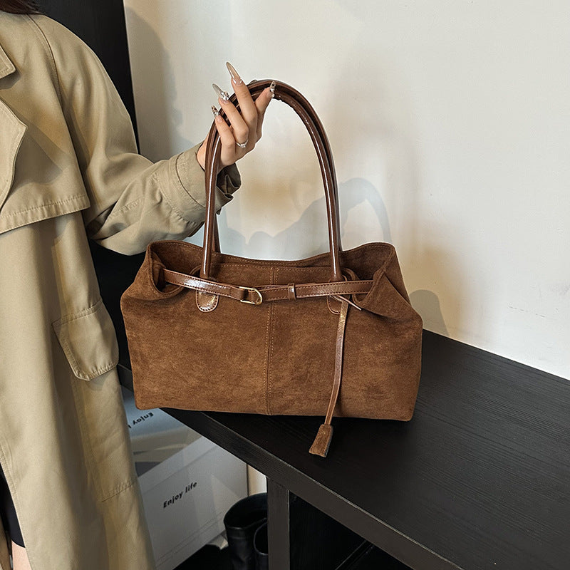 Vintage Suede-Look East-West Shoulder Bag with Belt Detail