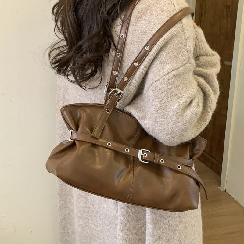 Vintage PU Leather Shoulder Bag with Elegant Belted Accents