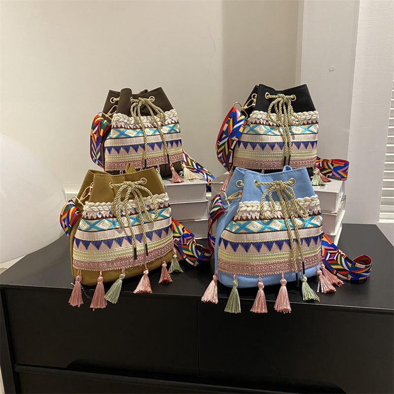 Ethnic Tassel Totem Bucket Crossbody Bag