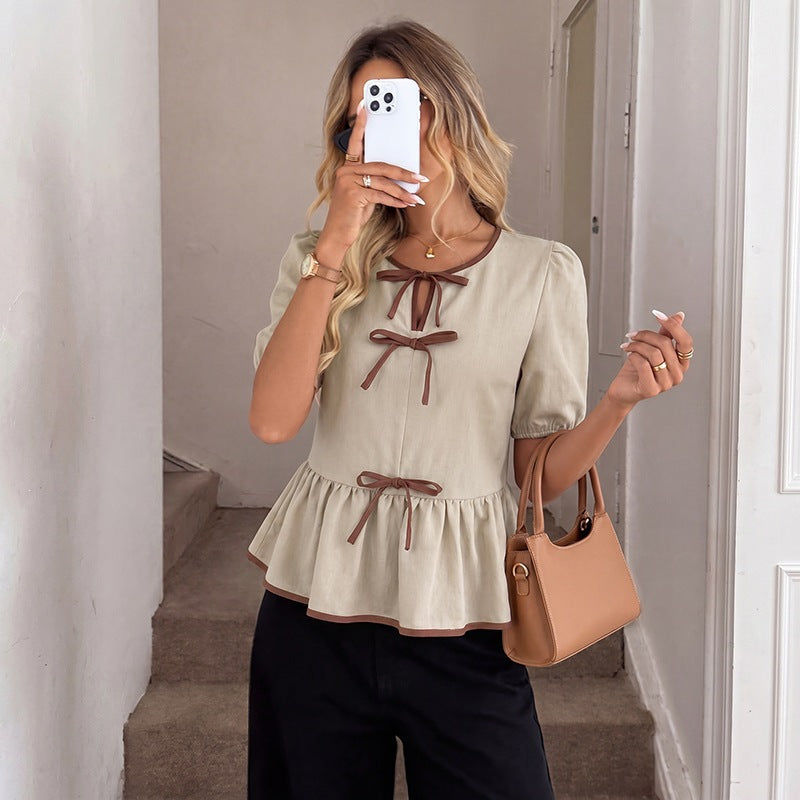 Women 2026 Summer Bow Tie Pullover Color Block Short Sleeve Blouse Top