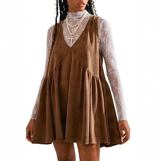 2026 Spring New Arrival: Women's Corduroy Two-Piece Set—V-Neck, Slimming A-Line Dress with European and American Cross-Border Style