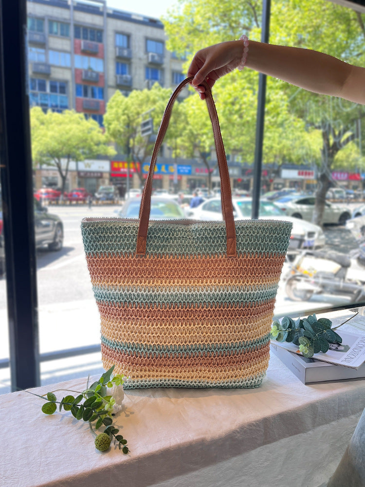 Striped Contrasting Color Handmade Straw Tote Bag