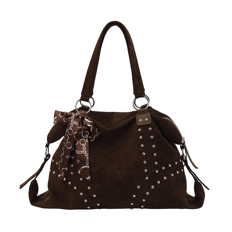 Vintage Faux Suede Studded Shoulder Tote Bag with Patterned Scarf Accent