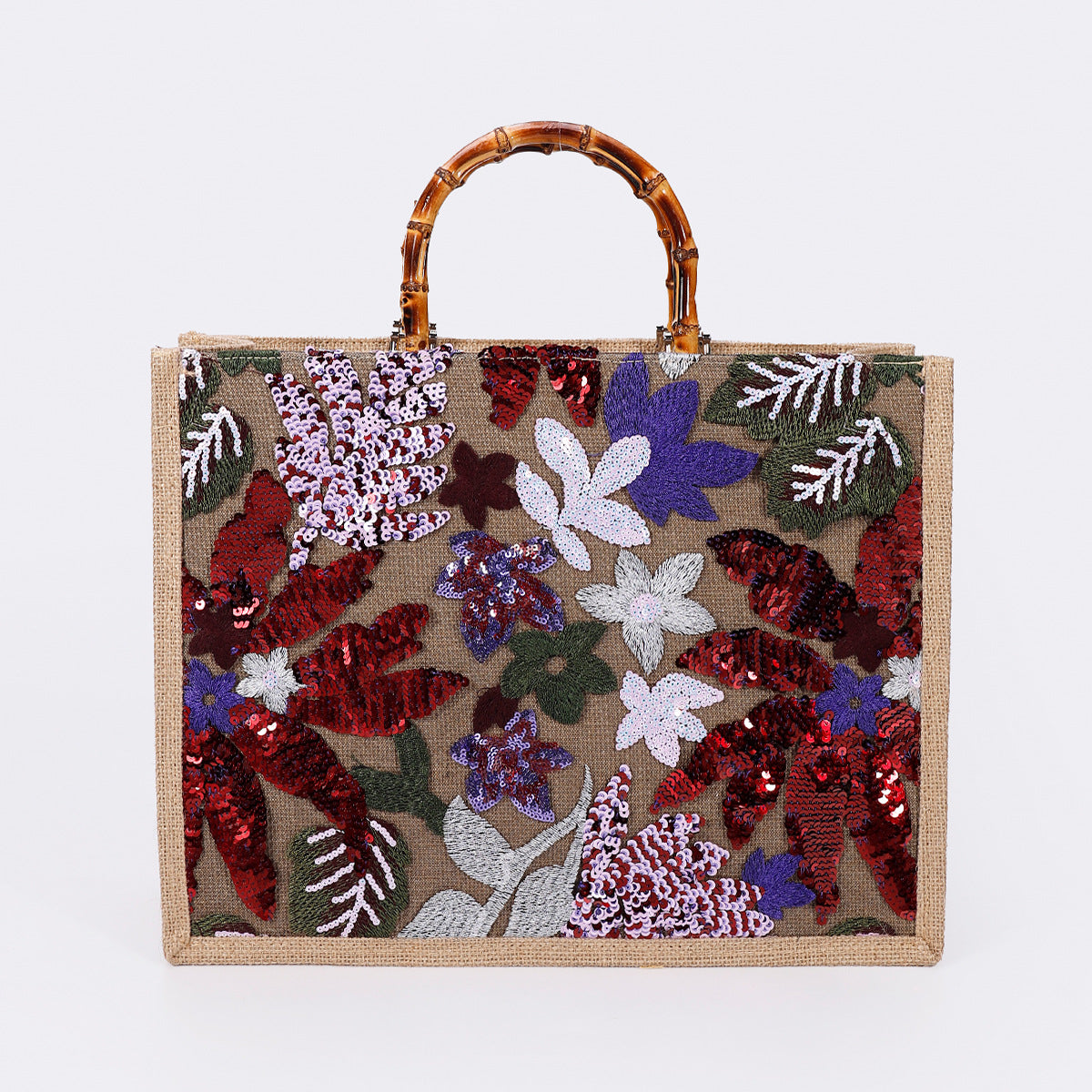 Women Bamboo Woven Straw Tote Bag, Sequin Large Capacity Handbag
