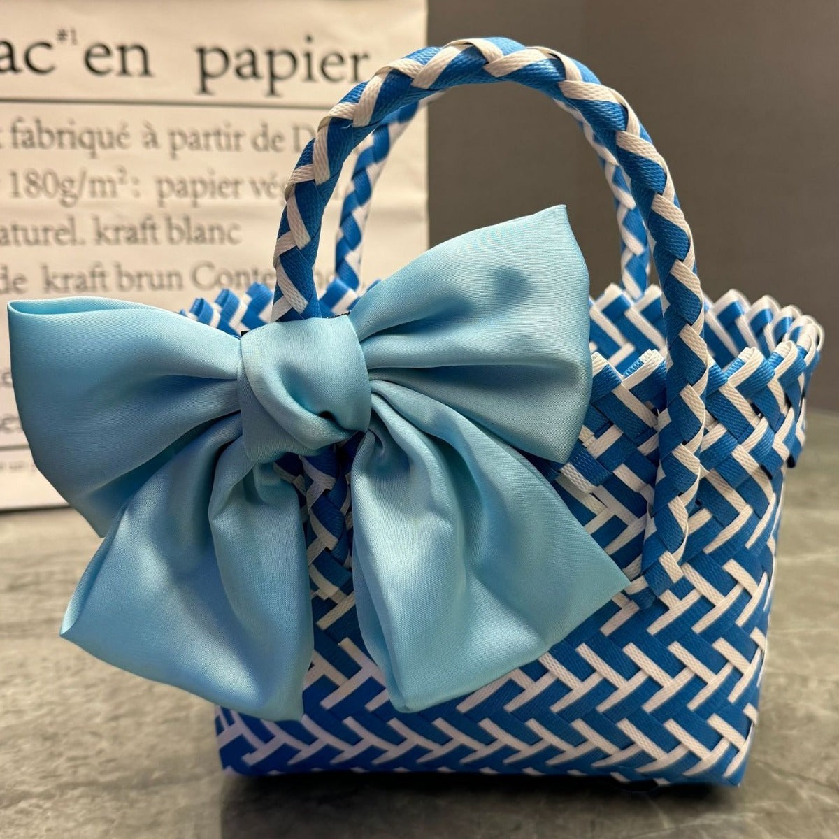 Cute Woven Basket Tote Bag with Oversized Bow Detail