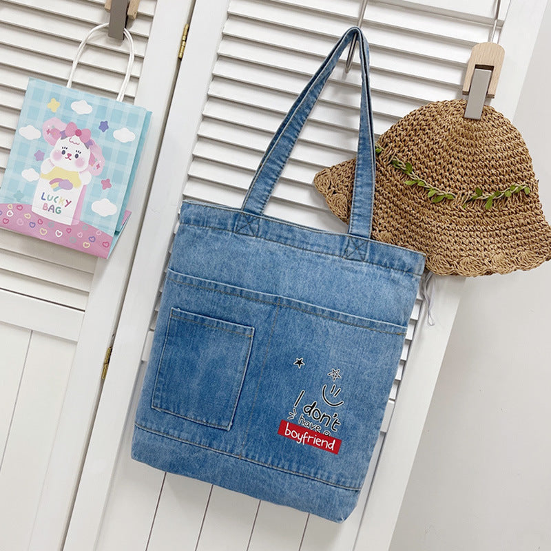 Cross-Border Denim Bag Shoulder Bag Women'S Casual Simple Korean Style Girls' Tote Bag Canvas Student Portable Tutoring Bag