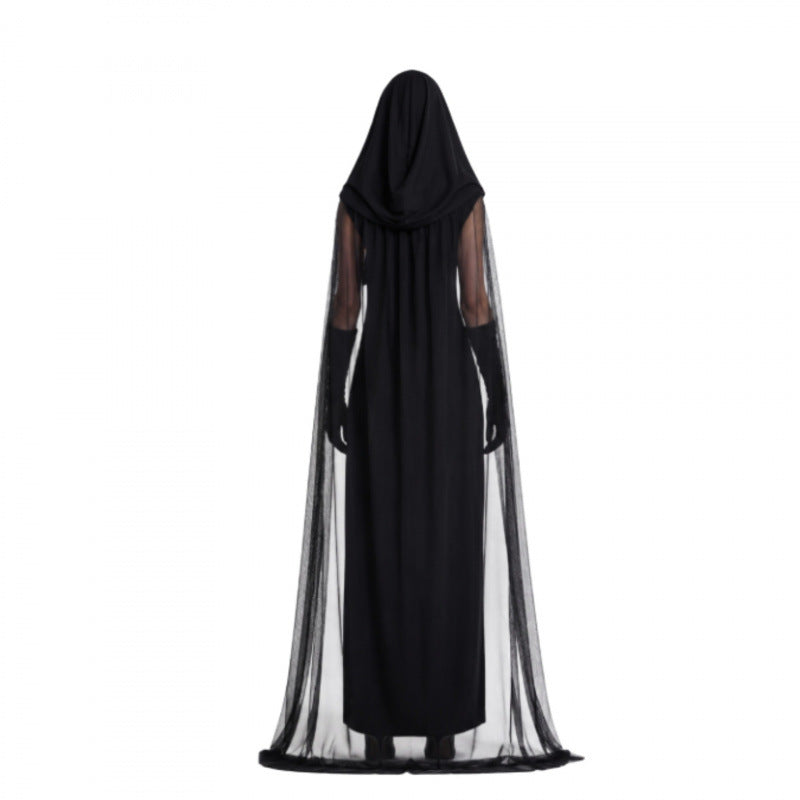 Halloween Gothic Hooded Cape Maxi Dress with Sheer Sleeves