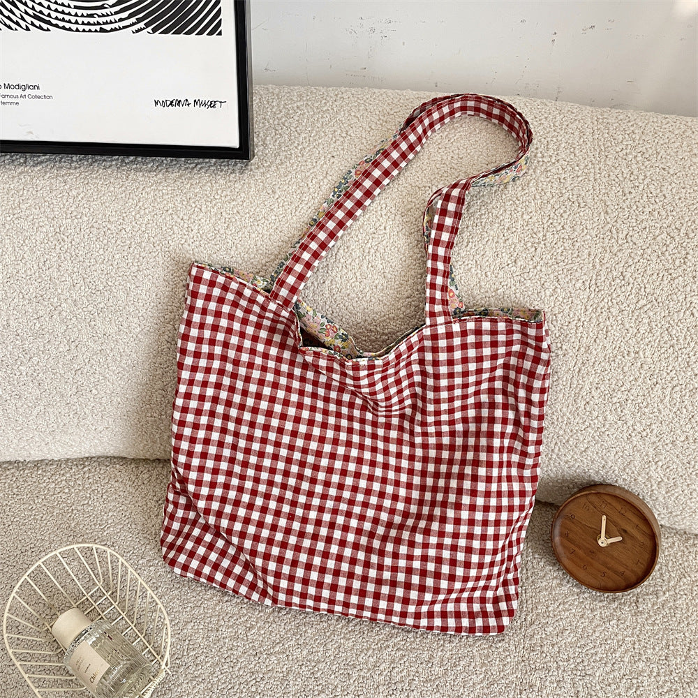 Bubble Cotton Double-Sided Plaid Floral Canvas Tote