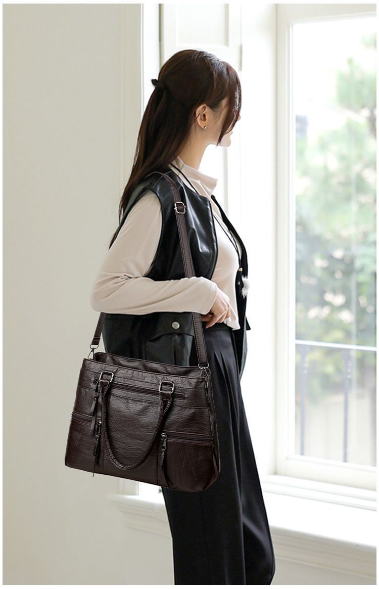Large Vegan Leather Multi-Pocket Top Handle Satchel Bag