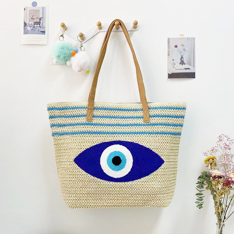 Striped Letter Large Capacity Straw Beach Bag
