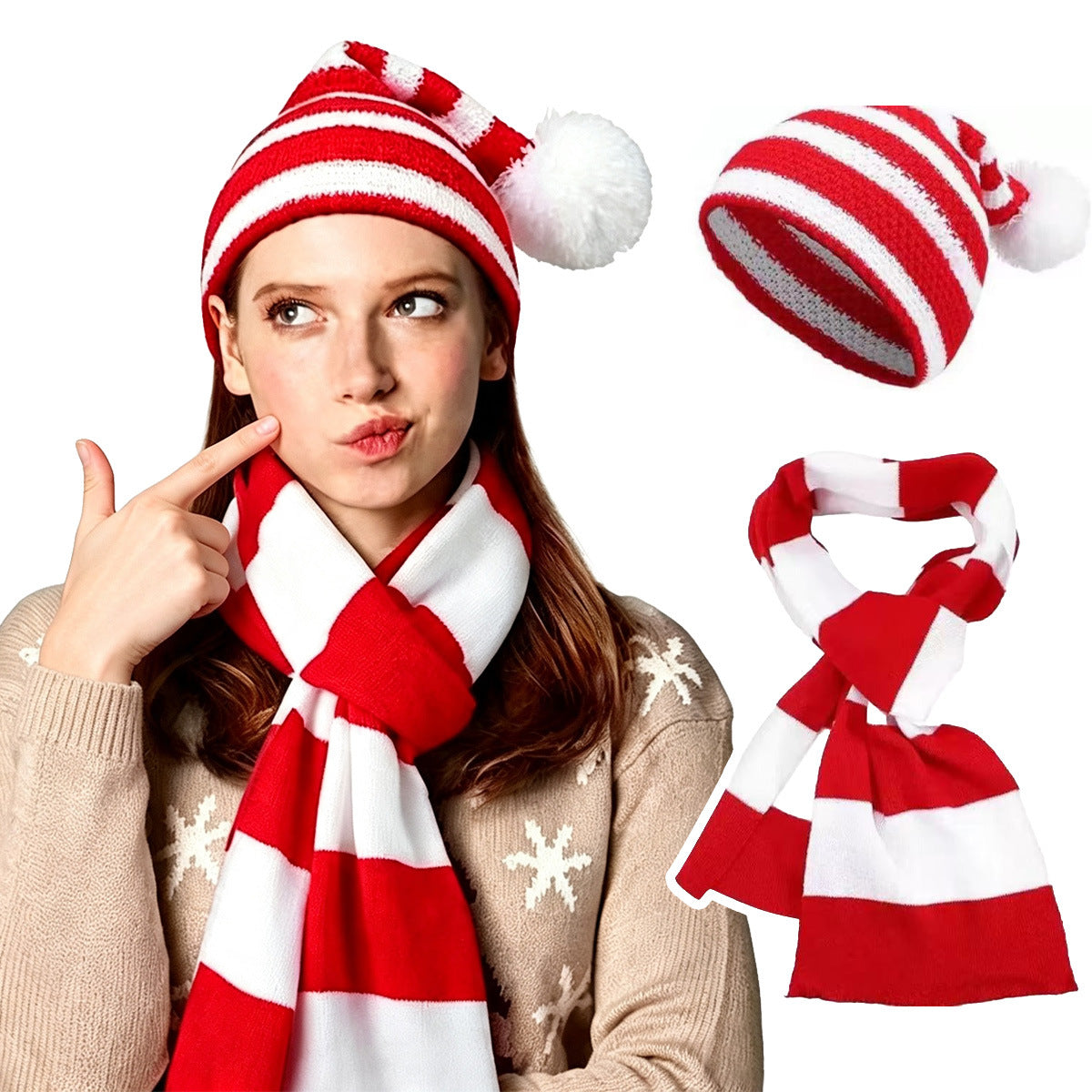Christmas Santa Hat and Scarf Set Holiday Knit Accessories