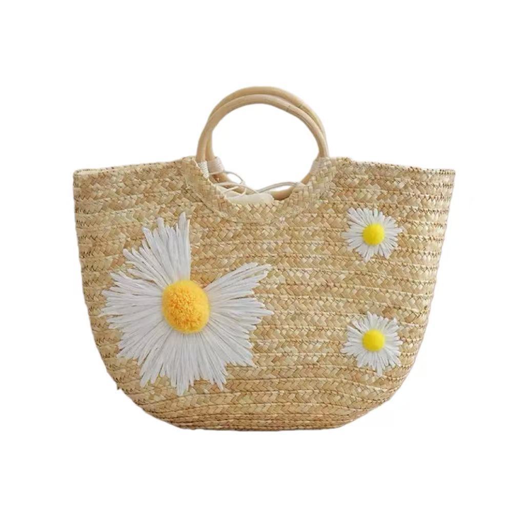 Small Daisy Straw Wooden Ring Woven Beach Bag