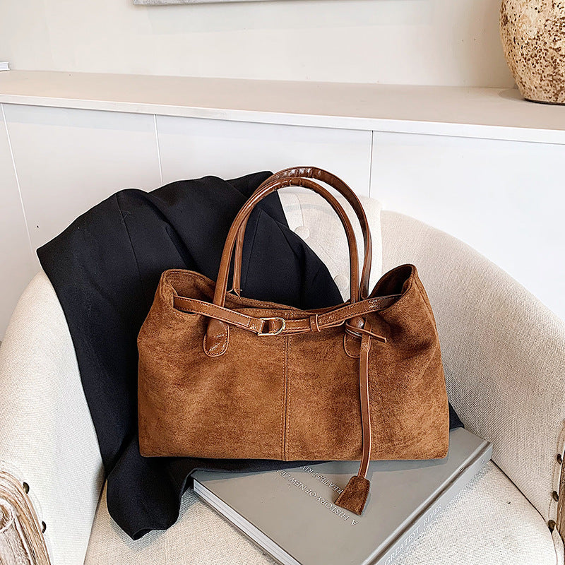 Vintage Suede-Look East-West Shoulder Bag with Belt Detail