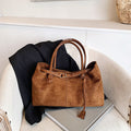 Vintage Suede-Look East-West Shoulder Bag with Belt Detail